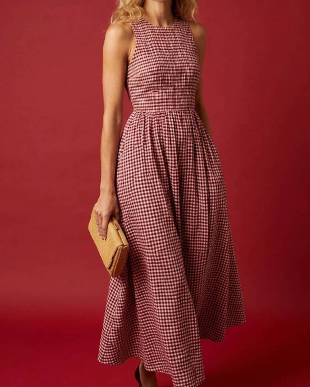 NEW FORTE open back gingham midi dress in red